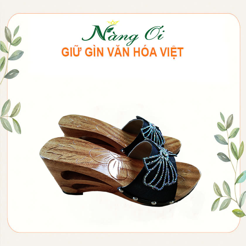guốc gỗ cao gót 8cm chạm khắc 2 giọt nước VN04