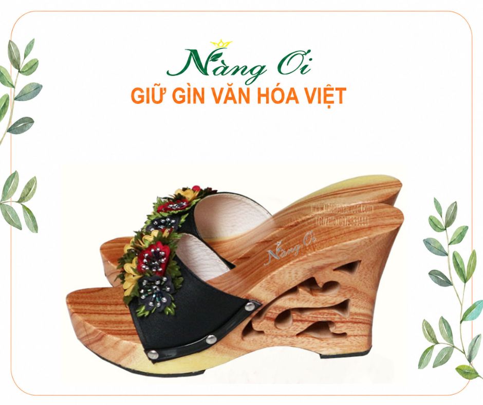 Guốc Gỗ Cao Gót 9cm Lọng Hoa Văn VN02